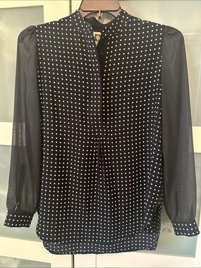 Anne Klein Black and White Polka Dot Long-Sleeve Blouse